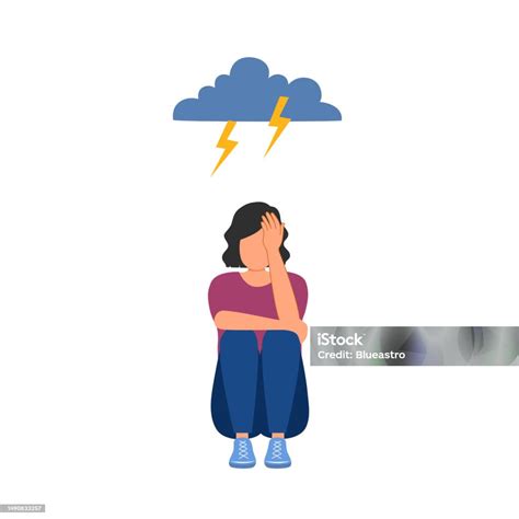 Vetores De Depressão Mulher Sentada Sob Chuva E Nuvem Triste Fêmea Em Design Plano Sentimento