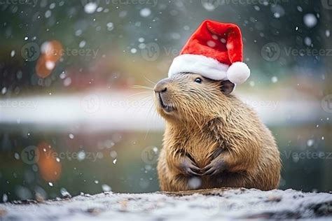 Capybara Wearing Santa Hat On Bokeh Backdrop Ai Generated