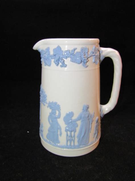 Wedgwood Embossed Queen S Ware Pitcher Blue On White 117