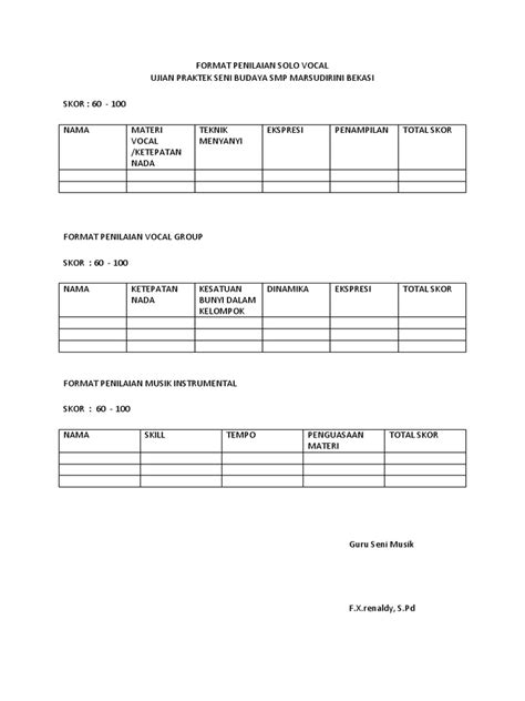 Format Penilaian Solo Vocal Vocal Group Musik Instrumental Pdf