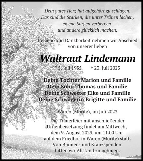 Traueranzeigen Von Waltraut Lindemann Trauer Nordkurier