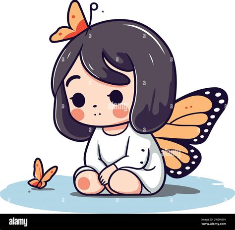 Cute Little Girl Sitting On The Floor With Butterfly Vector