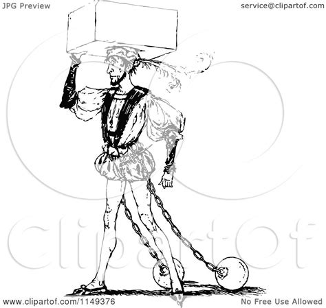 Clipart Of A Retro Vintage Black And White Man With Balls And Chains