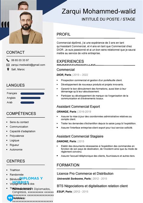 Modele Cv Francais Etat Civil Intitul Du Poste Stage Zarqui