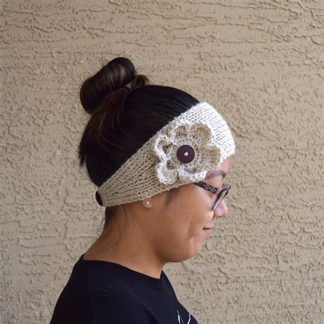 Knit Headband With Crochet Flower Warm Headpiece Knitted Ear Etsy