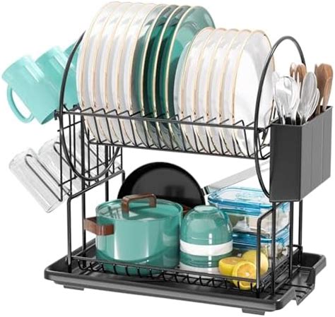 2 Tier Black Dish Drainer Rack With Drip Tray Stainless Steel Draining