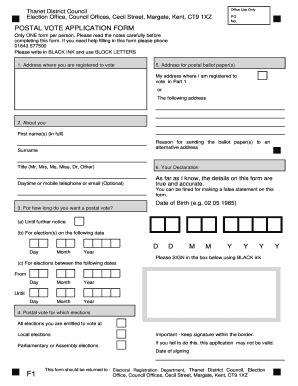 Fillable Online Thanet Gov Postal Vote Application Form Ddmmyyyy