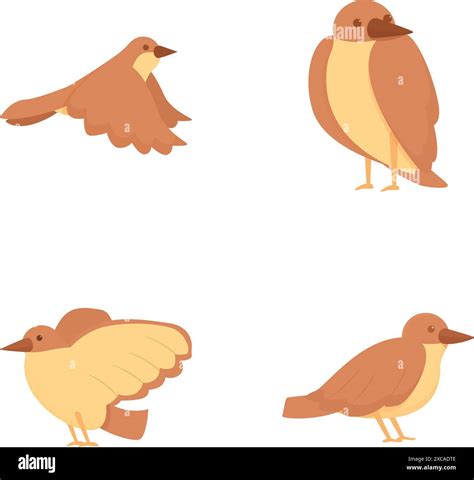 Sparrow Icons Set Cartoon Vector Cute Cheerful Brown Sparrow Little