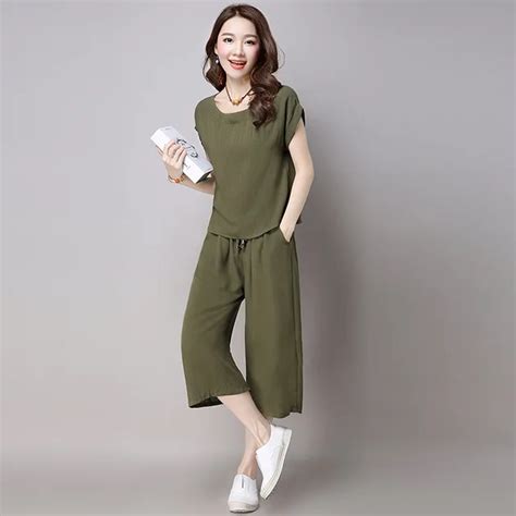 Summer Two Piece Set Casual Cotton Linen Short Sleeve Topswide Leg Pants 2 Piece Set Women Plus