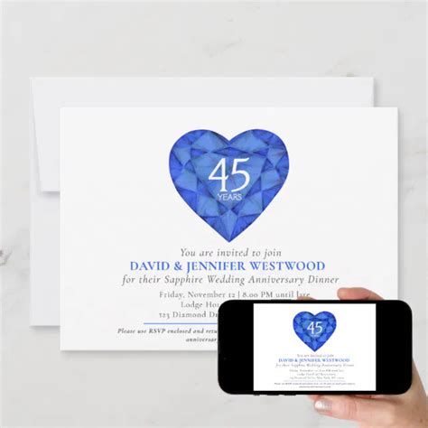 45th Sapphire Wedding Anniversary Heart Photo Invitation Zazzle