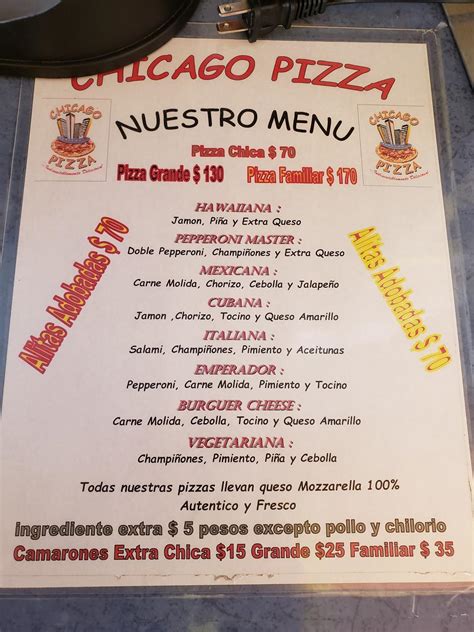 Menu at Chicago Pizza restaurant, Morelia