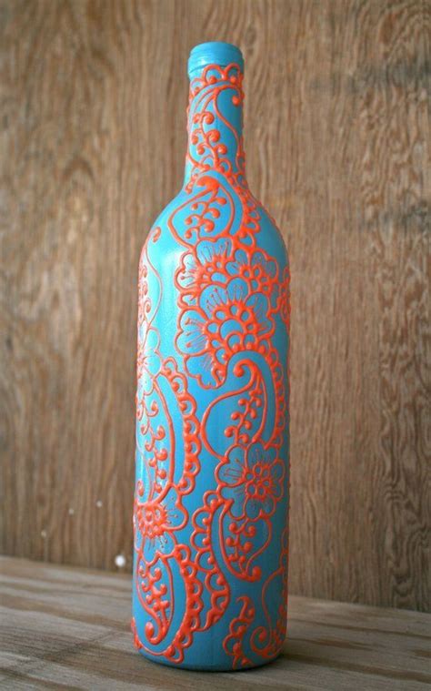 Hand Painted Wine Bottle Vase Up Cycled Turquoise And Coral Orange