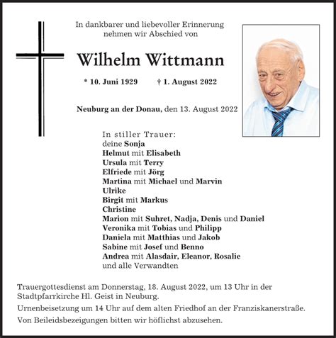 Traueranzeigen Von Wilhelm Wittmann Augsburger Allgemeine Zeitung