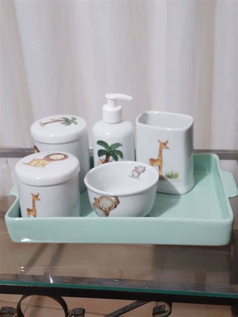 Kit Higiene Porcelana Safári Porta Pente Bandeja Louça Verde