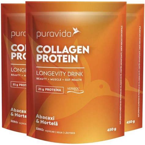 Collagen Protein Abacaxi E Hortelã 3 X 450g Puravida PURA VIDA