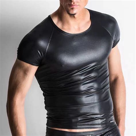 T Shirt En Faux Cuir Extensible Manches Courtes Pour Homme Sous