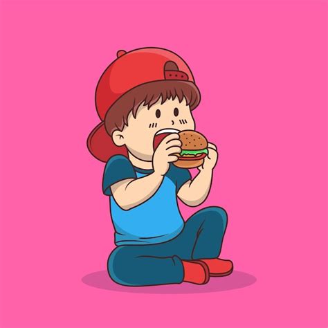 Premium Vector Children Eating Burger Cartoon Vector Illustration