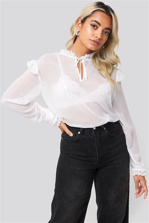 Sheer High Neck Frill Blouse White Na