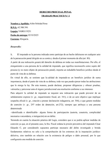 Derecho Procesal Penal Trabajo Practico Nº 2 Derecho Procesal Penal Trabajo Practico Nº 2