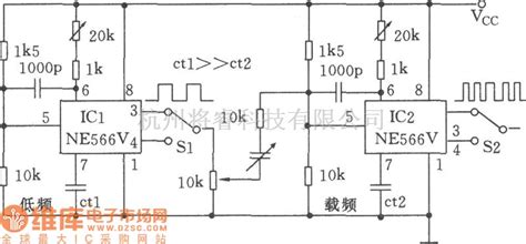 调频信号产生中的两只ne566v构成低频fm发生器电路图 将睿