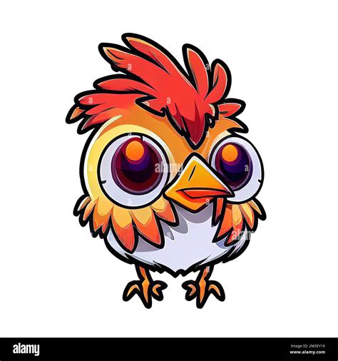 A Cartoon Chicken With Big Eyes And A Red Tail Is Standing Upright In