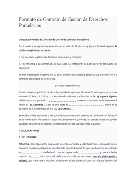 Formato De Contrato De Cesión De Derechos Parcelarios Pdf Justicia