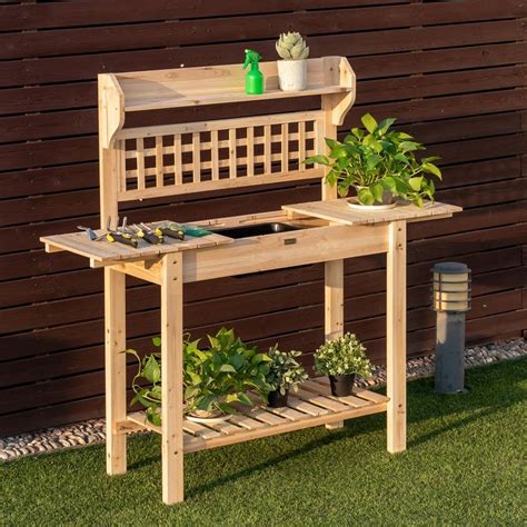 Costway Garden Potting Bench Workstation Table Wsliding Tabletop Sink Shelves Potting Bench