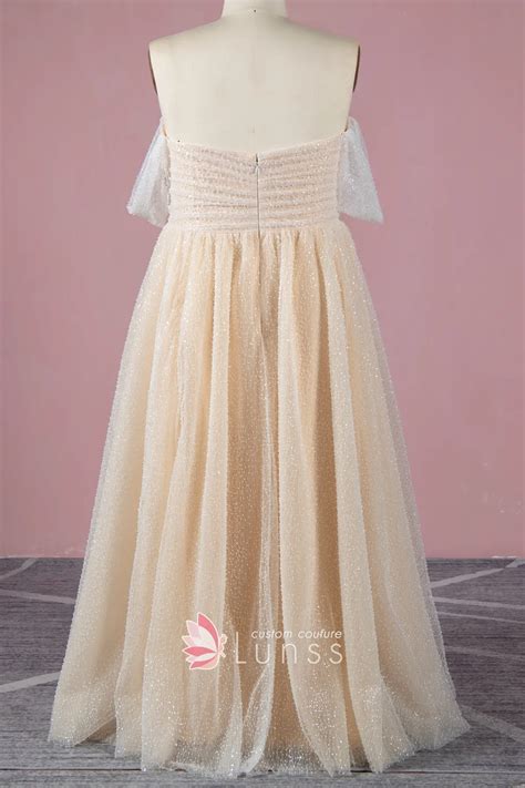 Beaded Tulle Overlay Champagne Plus Size Prom Dress Lunss