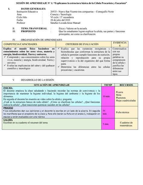 S1 ct la celula Procariota y Eucariota SESIÓN DE APRENDIZAJE Nº 1