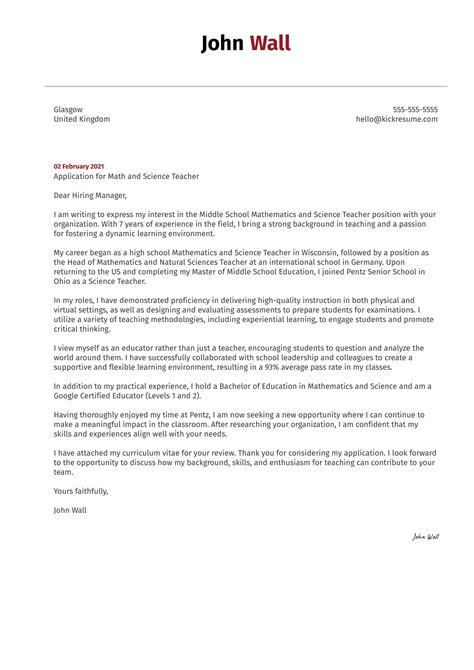 Math And Science Teacher Cover Letter Example Kickresume