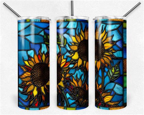 Stained Glass Blue Sunflowers Png Wrap Flowers Sublimation Etsy