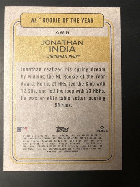 Mavin 2022 Topps Heritage High Number Award Winners AW5 Jonathan India