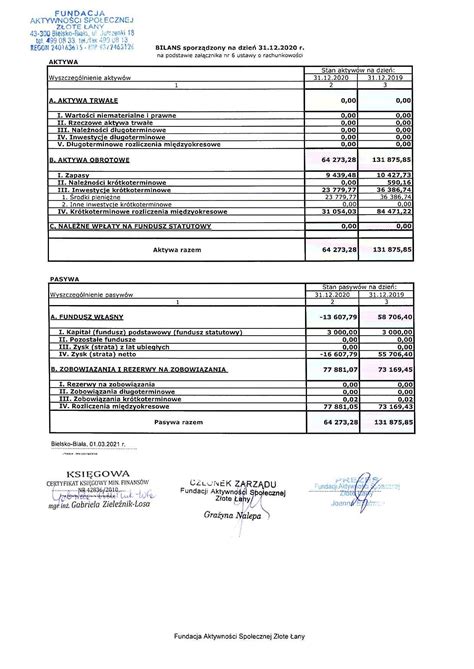 Sprawozdanie Finansowe Fundacji Za Rok Fundacja Aktywno Ci