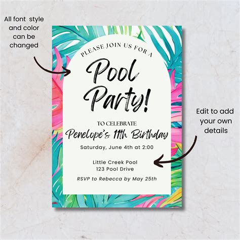 Editable Tropical Party Invitation Template Pool Party Printable