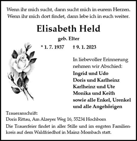 Traueranzeigen Von Elisabeth Held Vrm Trauer De