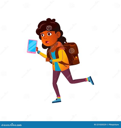 Frustrated Girl with Backpack and Tablet Running after Bus Cartoon