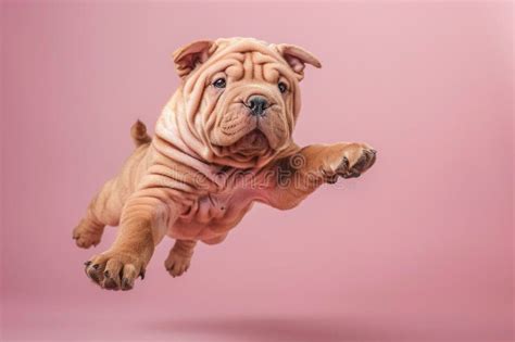 Chinese Shar Pei Dog Jumping And Remaining In Mid Air Studio Lighting