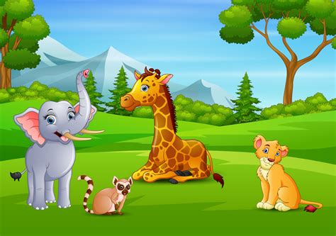 Wild animals cartoon enjoying in the green field 5951983 Vector Art at ...