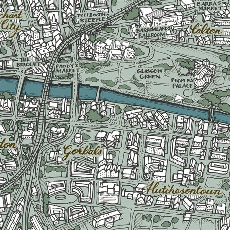 Glasgow Map Central Glasgow River Clyde Illustration Drawing Print ...