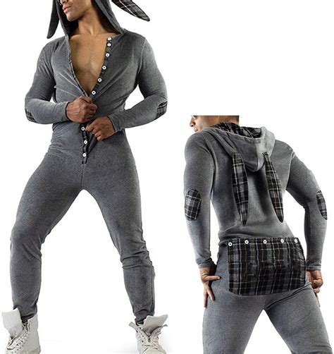 Mens Sexy Hoodie Pajamas Onesie Butt Flap Jumpsuit Long Sleeve Leotard