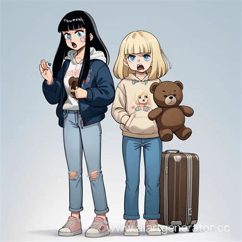 Sad Blonde Girl With Teddy Bear And Angry Woman AI Art Generator