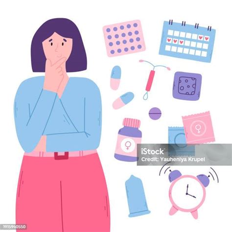 Various Types Of Female Contraception Concept Of A Woman Thinking About