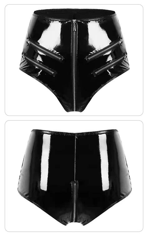 Snapklik Womens Shiny Latex Wet Look Booty Shorts High Waisted Zipper Crotch Cheeky Hot