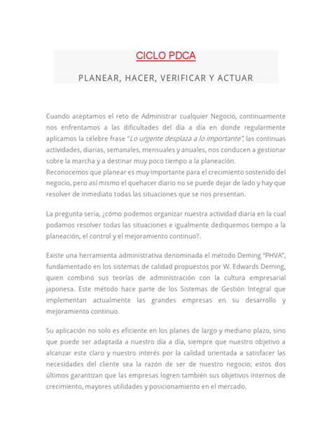 Ciclo Pdca Planear Hacer Verificar Y Actuar Pdf Planificación Business