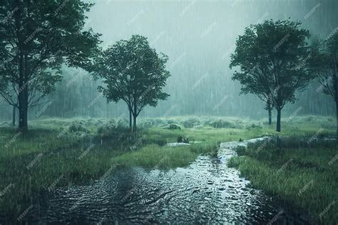 Premium Photo Forest Landscape With Trees And Grass In The Rain Huge