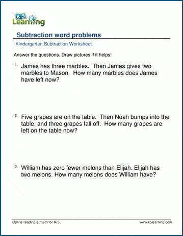 Subtraction Word Problems Worksheets