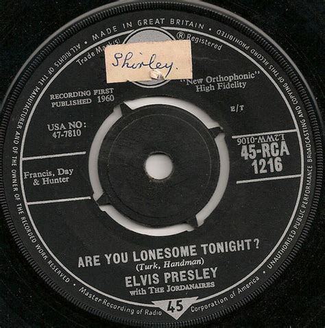 Elvis Presley With The Jordanaires Are You Lonesome Tonight Vinyl