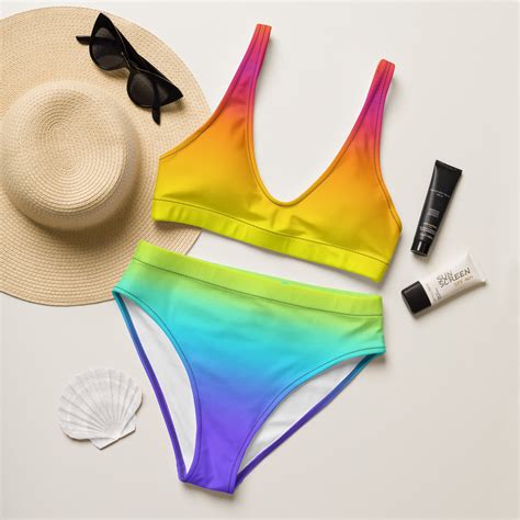 Neon Rainbow Bikini Subtle Lgbt Pride High Waisted Swimsuit Etsy