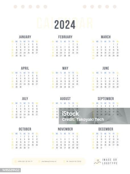 Kalender Satu Halaman 2024 Kalender 2024 Minggu Mulai Vektor Template