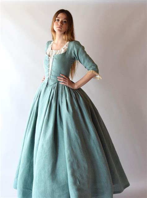 Th Century Dress Almond Green Linen With Lace Boning Historical